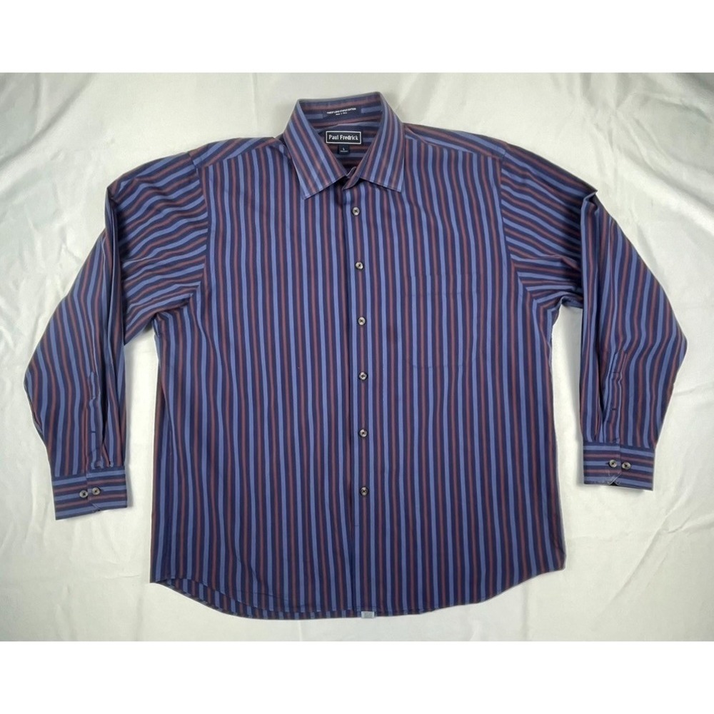 PAUL FREDRICK MENS LARGE BLUE BURGUNDY STRIPED DRESS SHIRT LONG SLEEVE 100% COTT